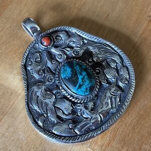 VINTAGE STERLING SILVER 925 TURQUOISE/RED CORAL RARE BIRD DESIGN LARGE PENDANT